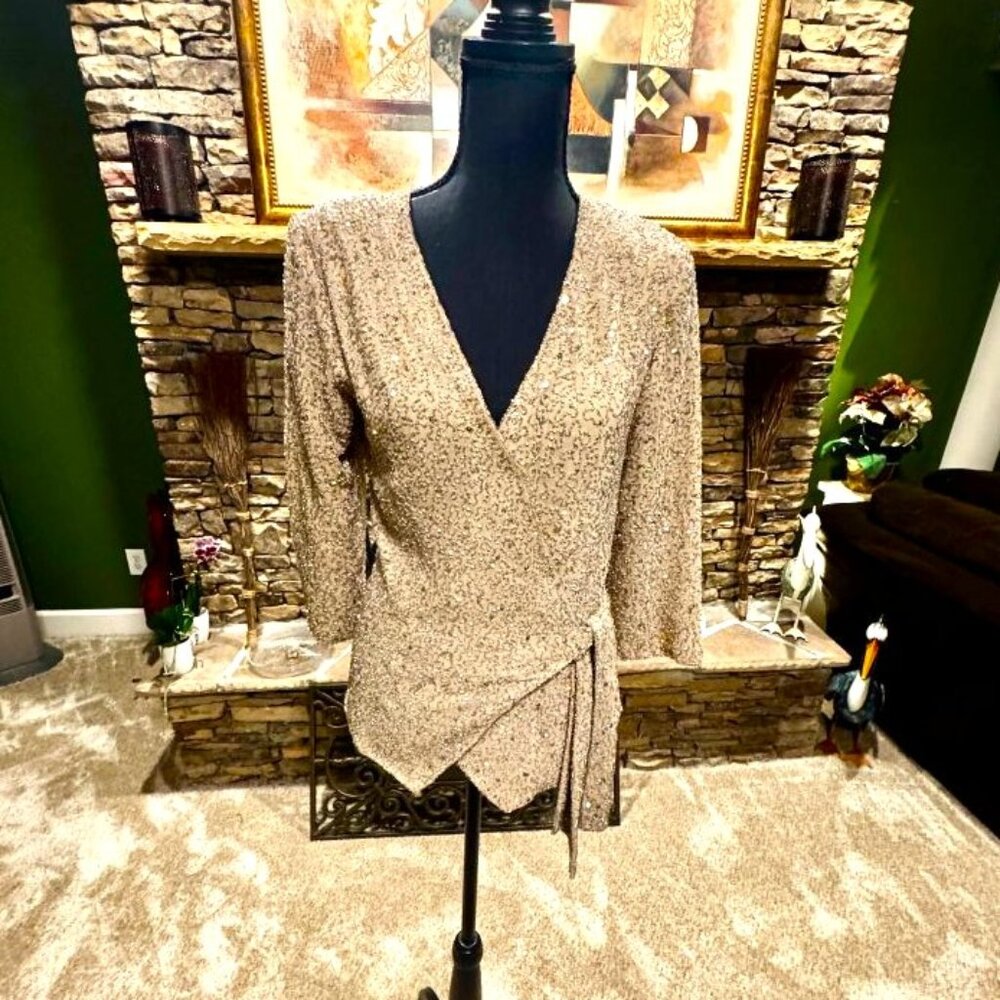 Chadwick's Stunning Gold Beaded Wrap Top Size 4 with 3/4 Sleeves